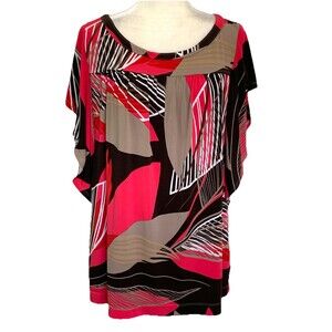 Worthington Red Brown Abstract Print Short Sleeve Stretch Top Blouse Size XL